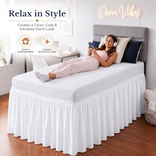 Twin XL Ruffled Dorm Bed Skirt with 30 Inch Drop - White Microfiber Dust Ruffle