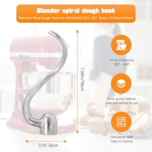 Stainless Steel Dough Hook Attachment for 5/6 Quart Bowl-Lift Stand Mixers
