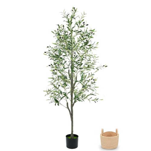 6FT Artificial Olive Tree with Woven Basket - Realistic Faux Plant