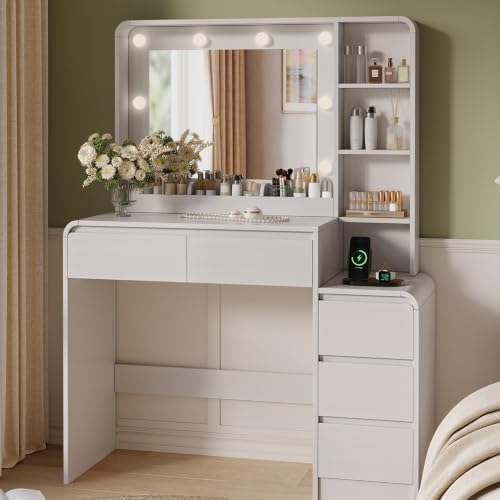 Farmhouse Vanity Desk with Lighted Mirror, Charging Station & 5 Drawers