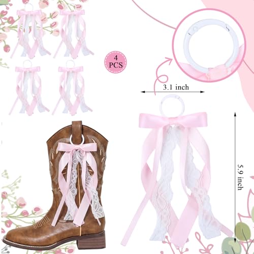 Pink Ribbon Boot Bows for Cowgirl Boots - 4 Pack Removable Lace Accessories