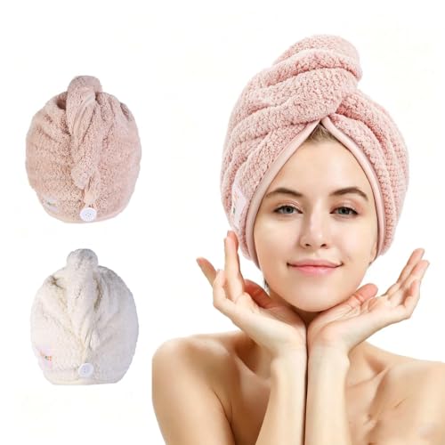 M-bestl 2 Pack Microfiber Hair Towel Wrap with Button - Pink & Beige Quick Dry