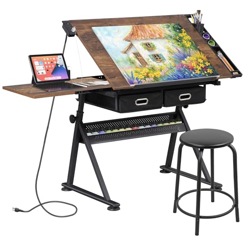 Adjustable Drafting Table with Stool, Tilting Art Desk with Storage Drawers