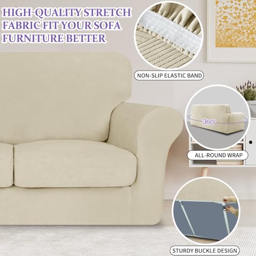 4 Piece Stretch Sofa Covers for 3 Cushion Couch, Khaki