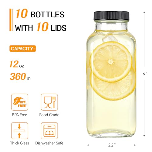 TUZAZO Glass Juice Bottles with Lids - 12oz Reusable Clear Drink Containers (10 Pack)