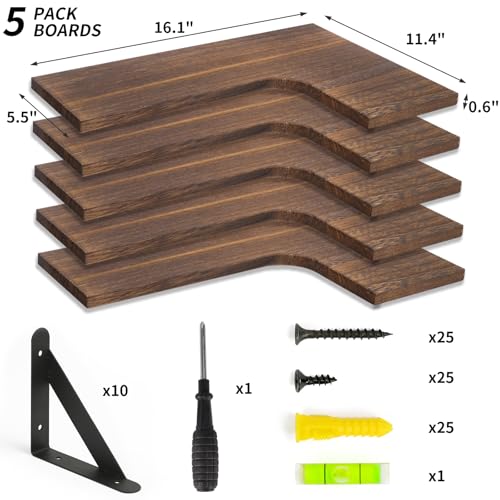 5-Piece Corner Floating Shelves, Solid Wood Wall Shelves with Metal Brackets