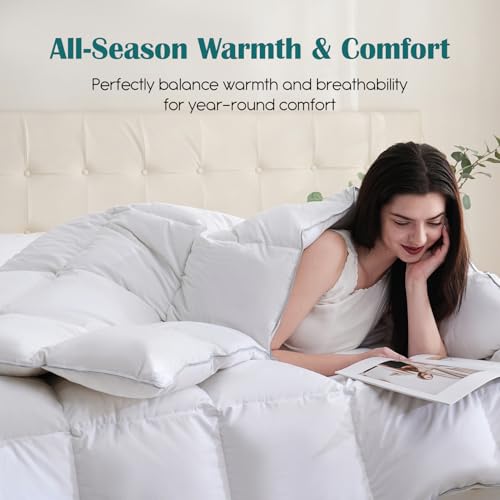 Goose Feather Down Comforter Queen Size - All Season 100% Cotton Duvet Insert