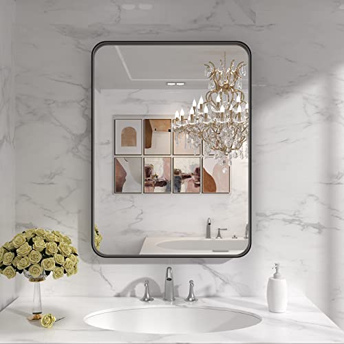 LOAAO 22x30 Inch Black Bathroom Mirror, Rounded Rectangle Metal Framed Vanity Mirror