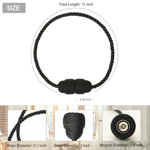 Magnetic Curtain Tiebacks - 4 Pack Decorative Rope Curtain Holdbacks, Black