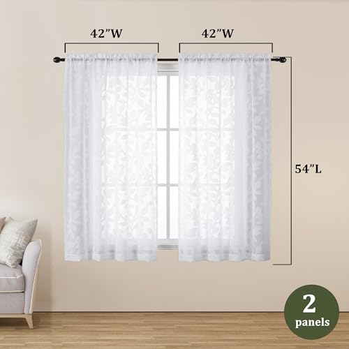 Sheer Jacquard Leaf Curtains, 54 Inch Length, 2 Panels