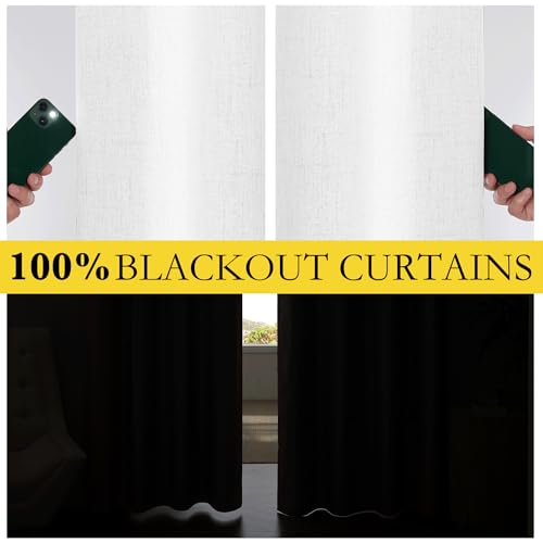 100% Blackout Linen Curtains - Greyish White, 90" Long, Thermal Insulated Drapes (1 Pair, 52" Width Each)