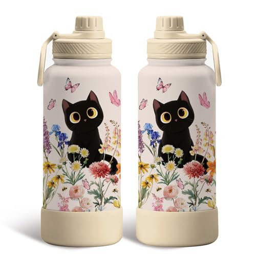 Xiiai Black Cat Water Bottle 34oz with Floral Design for Cat Lovers - Variation Cat-Flower1