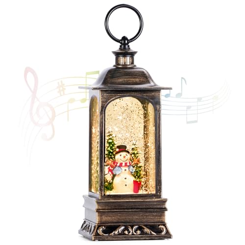 Musical Lighted Christmas Snow Globe Lantern with Timer & Snowman