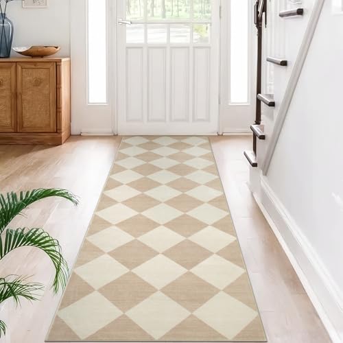 Checkered Print Runner Rug 2x6, Washable Non-Slip Faux Wool Kitchen Runner