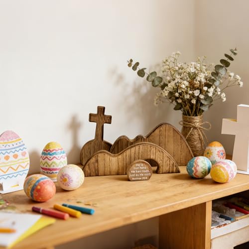 Wooden Empty Tomb Easter Decor - Religious Resurrection Scene Set with Cross