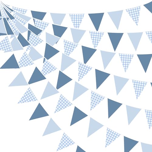 32ft Dusty Blue Gingham Fabric Pennant Banner - Reusable Triangle Flag Garland