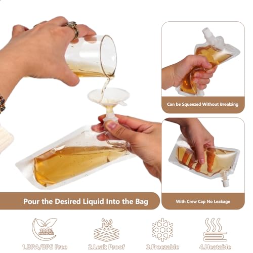 8oz Reusable Leak-Proof Plastic Drink Pouches 40 Pack with Funnels - BPA-Free Travel Juice Bags