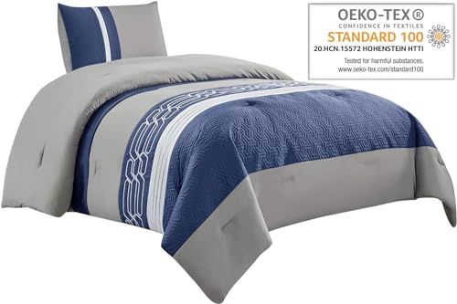 Twin Comforter Set with Embroidered Quilted Design - Blue/Grey/White