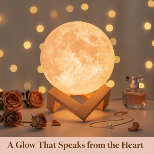 3D Printed Moon Lamp Night Light with Wooden Base, Rechargeable Touch Lamp