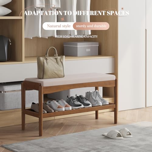 2-Tier Bamboo Shoe Bench with Padded Seat - Entryway Storage Organizer