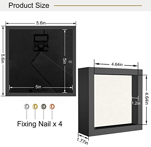 5x5 Inch Shadow Box Frame with Linen Back and Push Pins, Black