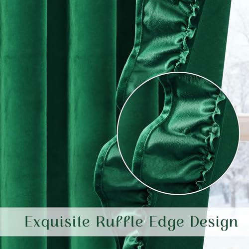 Likiyol Green Velvet Curtains for Living Room 84 Inch Pack of 2 Blackout Ruffle Drapes with Tiebacks, Thermal Insulated Window Panel Darkening Curtains 52" W x 84" L