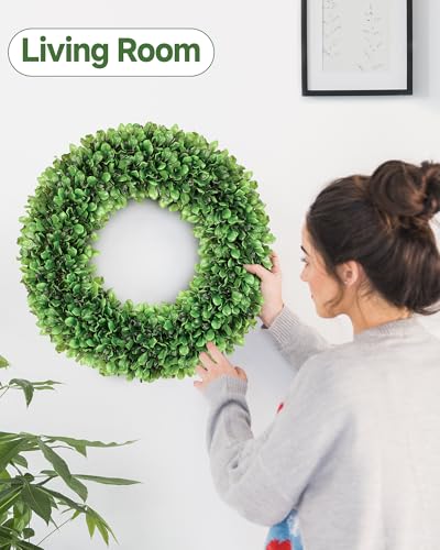 20-Inch Artificial Boxwood Wreath for Front Door with White Sash