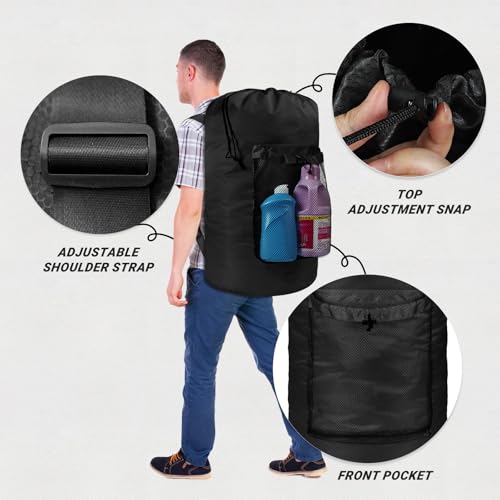 Large Laundry Backpack with Shoulder Straps and Mesh Pocket - Black