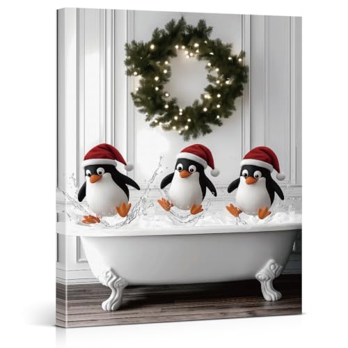 Funny Penguins Christmas Bathroom Wall Art Decor - Canvas Print G - 11x15 Inches