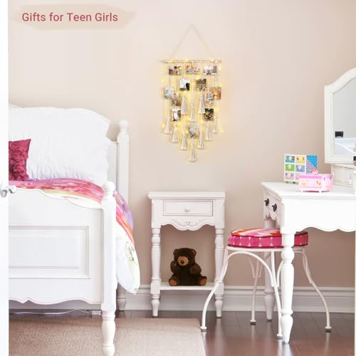 Macrame Hanging Photo Display with String Lights and 30 Wood Clips