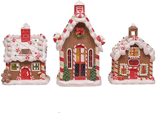 Red Gingerbread Village Porcelain Tea Light Set - Church & Houses, 6 Inches