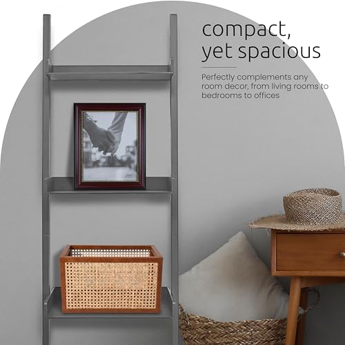 5-Tier Leaning Ladder Shelf, 18-Inch Wide Modern Wall Display, Matte Black