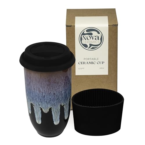 NOVA CERAMICS Monsoon 16oz Ceramic Travel Mug - Green Coffee Tumbler, Microwave & Dishwasher Safe