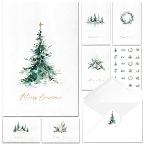 Roosyo 24 Pack Christmas Cards with Envelopes, 8 Watercolor Designs, Gold Foil, 4 x 6 in – Variation: 24 Pack Watercolor