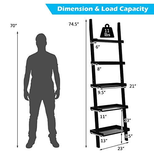 5-Tier Wood Ladder Shelf, Modern Leaning Display Rack for Home & Office