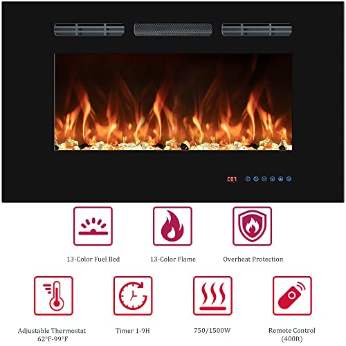 48-Inch Electric Fireplace Insert, Recessed & Wall-Mounted Heater