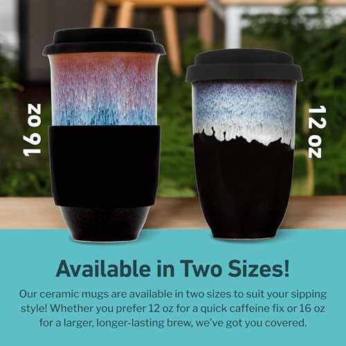 NOVA CERAMICS Monsoon 16oz Ceramic Travel Mug - Green Coffee Tumbler, Microwave & Dishwasher Safe