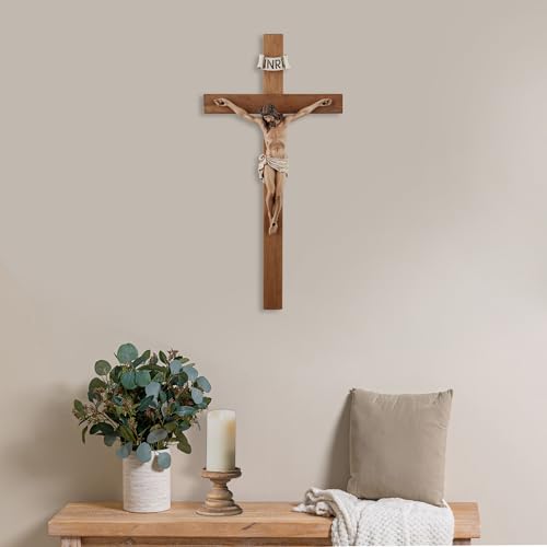14-Inch Olive Wood Wall Crucifix - Handcrafted Catholic Religious Decor