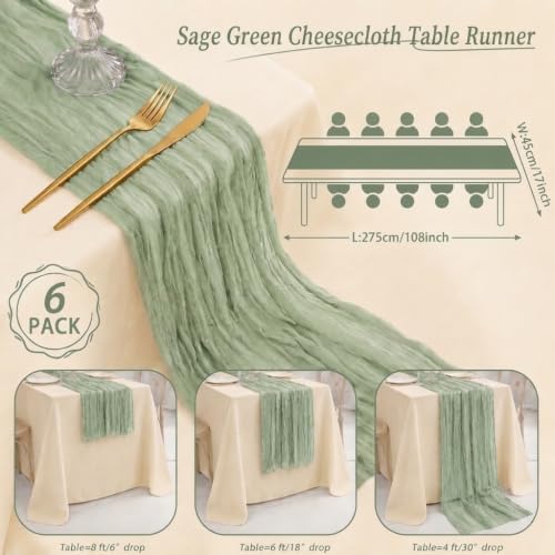 6-Pack Sage Green Cheesecloth Table Runners, 17x108 Inch Boho Gauze Runners