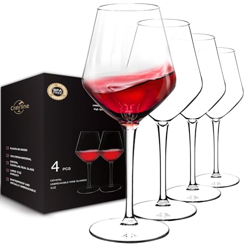 Unbreakable Tritan Wine Glasses, 15oz Stemmed Set of 4, Dishwasher Safe