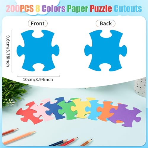 200 Pcs Colorful Puzzle Piece Cutouts, 4-Inch Cardstock Paper Shapes