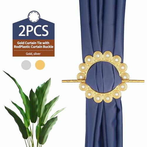 Ornate Crystal Floral Curtain Tiebacks, Silver Metal Window Holders (2 Pack)