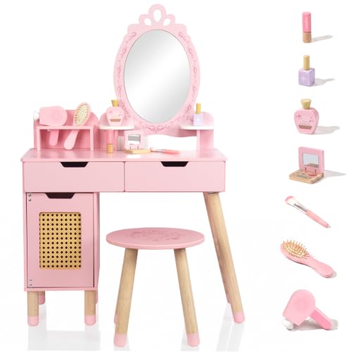 Kids Pink Vanity Table and Chair Set with 7 Pretend Play Makeup Accessories