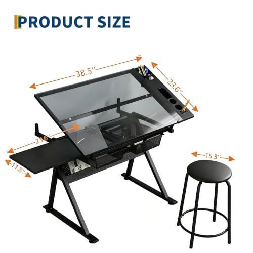 Adjustable Drafting Table with Stool and Drawers, Tilting Art Desk