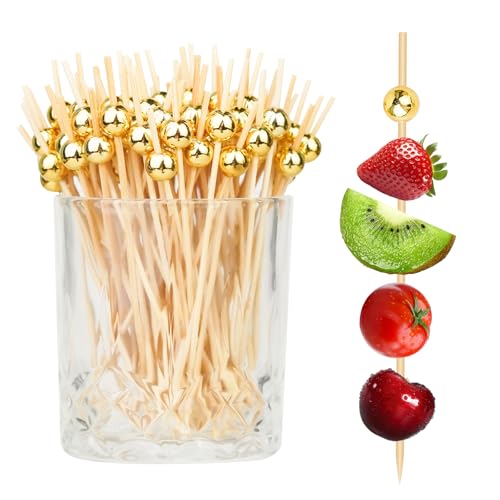 Bamboo Cocktail Picks with Gold Ball - 4.7 Inch Appetizer Skewers, 200 Pack