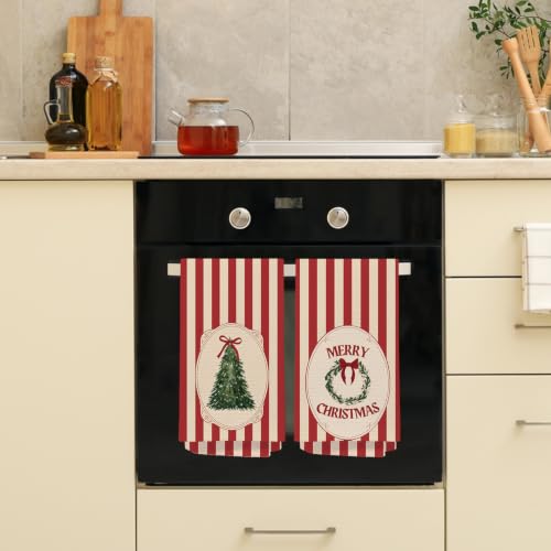 Red Striped Christmas Kitchen Towels Set of 2 16x24in Holiday Decor
