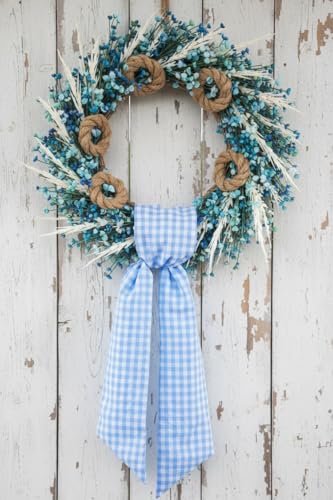 Blue and White Checkered Wreath Sash (2-Pack) - 54" Plaid Front Door Ribbon