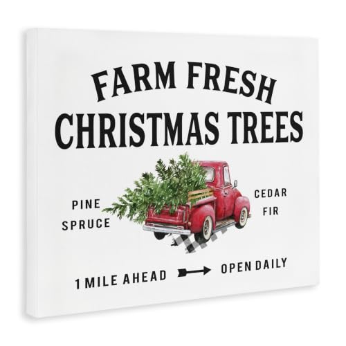 Farmhouse Christmas Wall Art Canvas - Red Truck & Trees, 36 x 48 Inches, Wrapped Canvas