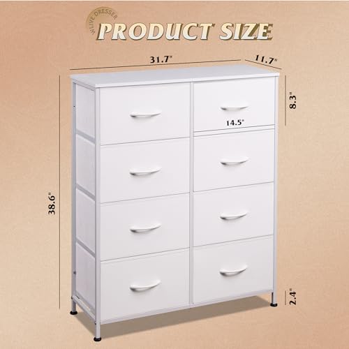 8-Drawer White Fabric Dresser - Tall Storage Tower for Bedroom