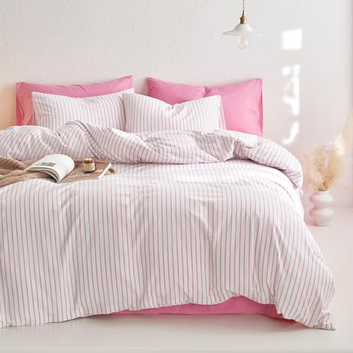 Pink Striped Cotton Duvet Cover Set - Queen Farmhouse 3-Piece Bedding